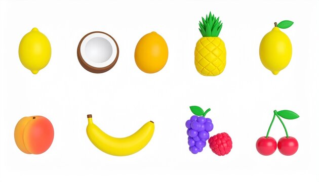 3d rendering. fruits icon set on a white background.lemon,pineapple,banana,coconut,