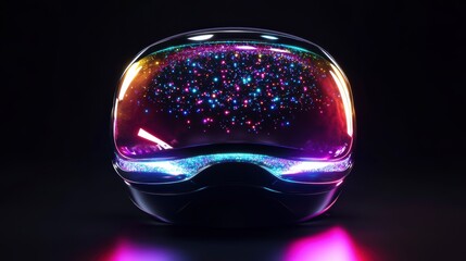 Poster - Futuristic helmet with vibrant, colorful lights inside, on black background.