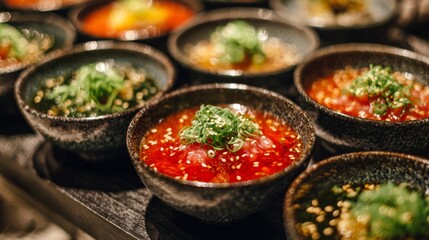 Aufkleber - A vibrant presentation of sukiyaki served in individual bowls, garnished with green onions and sesame seeds, highlighting the delicious flavors and textures.