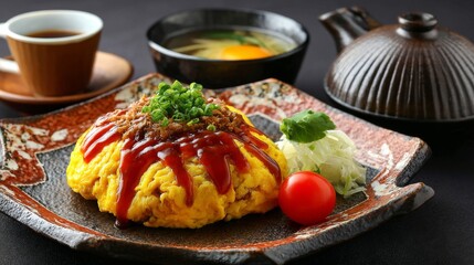 Poster - A vibrant scene of omurice served on a traditional Japanese-style plate, with a side of pickled vegetables and a cup of miso soup for a complete meal.