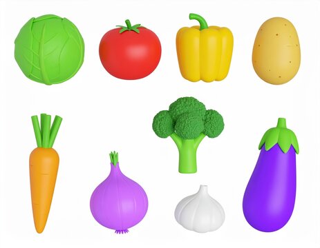 3d rendering. fruits and vegetables icon set on a white background.cabbage,broccoli