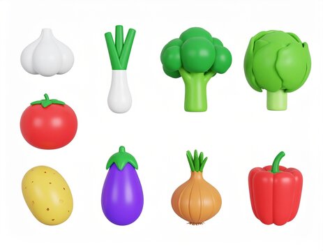 3d rendering. fruits and vegetables icon set on a white background.cabbage,broccoli