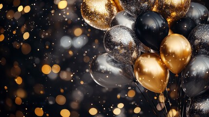 Canvas Print - elegant black, gold, silver balloons against a dark, sparkly background.