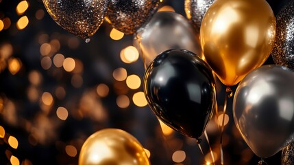 Poster - Elegant black, gold, silver balloons against bokeh lights.