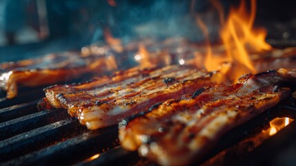 Poster - Bacon cooking on a grill, with detailed focus on the charred edges and marbled fat turning crispy under the heat.