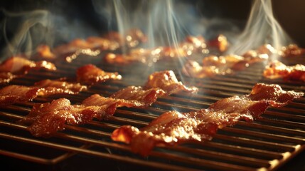 Poster - Bacon strips cooling on a wire rack after frying, with steam rising and the marbled fat glistening under the light.