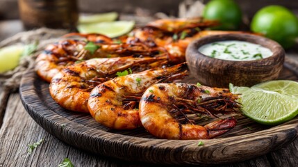 Poster - Beautifully arranged grilled prawns on a rustic wooden plate, with lime wedges and dipping sauce on the side, all set on a weathered wooden table.