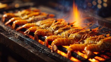 Poster - Close-up shot of large grilled prawns with crispy shells on a traditional Thai charcoal grill, glowing embers visible underneath.