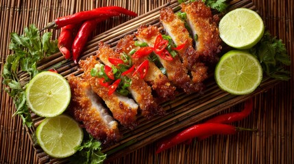 Poster - Crispy fried pork belly drizzled with fish sauce, served on a bamboo mat alongside fresh lime wedges and red chili peppers.