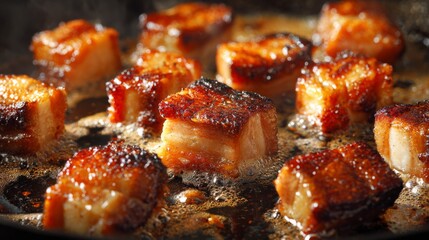 Poster - Close-up of perfectly crispy pork belly pieces sizzling in a hot pan, coated in a glossy layer of fish sauce and oil, with rich caramelized edges.