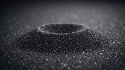 Poster - Close up view of textured black surface featuring small mound of fine particles, creating striking visual effect. shimmering grains reflect light