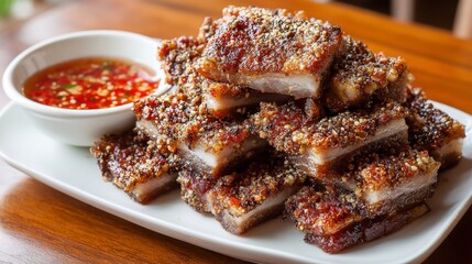 Poster - Golden-brown pork belly slices stacked neatly on a plate, with the crispy skin glistening and crackling, set on a wooden table with a side of dipping sauce.