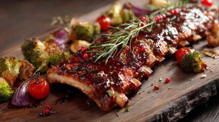 Poster - Grilled pork ribs covered in a glossy glaze, served with roasted vegetables and herbs, set on a rustic wooden table with a warm, home-cooked feel.