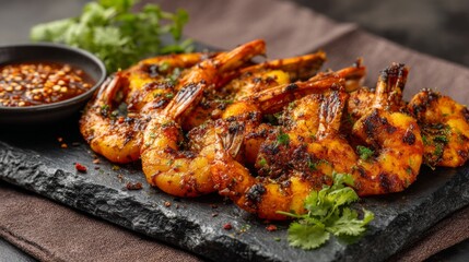 Poster - Grilled prawns served on a dark stone plate, artfully plated with coriander and chili on the side, against a neutral-toned background.