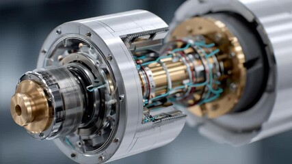 Poster - Electric motor showcasing its inner workings, featuring exposed wiring, metallic components, and intricate mechanical parts, highlighting the complexity of electric motor design