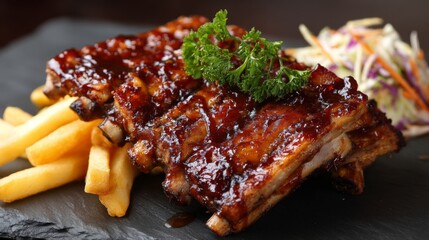 Poster - Juicy pork ribs with a sticky barbecue glaze on a dark stone plate, served with a side of crispy fries and fresh coleslaw for a classic meal presentation.