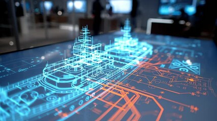 Poster - Futuristic digital hologram showing the design of a ship is being projected on an interactive touchscreen table, showcasing innovative technology in shipbuilding and marine engineering