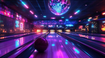 Wall Mural - neon-lit bowling alley interior with a single ball at the start of the lane.