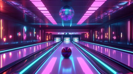 Wall Mural - futuristic neon-lit bowling alley interior with disco ball.
