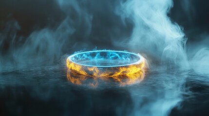 Poster - Glowing ring of fire and ice on dark reflective surface with smoke.