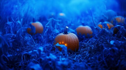 Wall Mural - illuminated pumpkins in a mystical blue field at night.