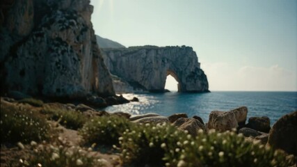 Wall Mural - a calm sea lapping against rocky shores, perfect for use in travel or outdoor scenes