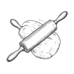 Rolling pin and dough sketch isolated on white background
