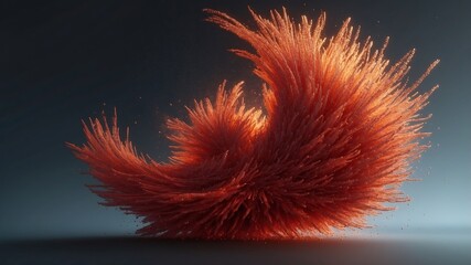 Fototapete - Abstract, fiery, textured form, resembling fur or feathers, in a dynamic pose against a dark backdrop.