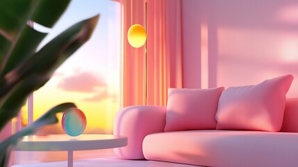 Poster - Modern pink living room with vibrant sunset view and colorful decor accents