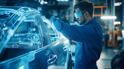 Poster - Technician inspecting car body with augmented reality overlay in a factory.