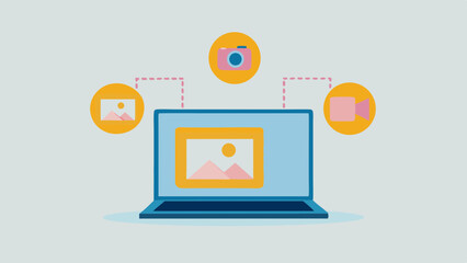 Poster - Laptop displaying an image connected to a camera photo and video icons with dotted lines