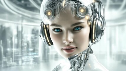Poster - A futuristic cyborg with bright blue eyes and a headset looks straight into the camera, symbolizing the progress of AI and technology. Perfect for future communication concepts and innovations.