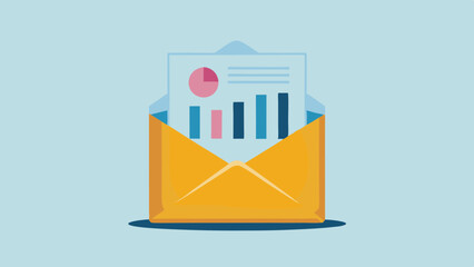 Fototapete - Open envelope with a business report showing a pie chart and bar graph on a light blue background