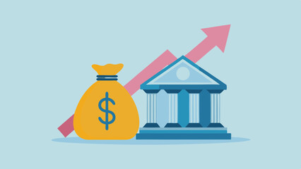 Poster - a bank building with a money bag and an upward pointing arrow indicating growth