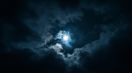 Wall Mural - full moon shining through dark, heavy clouds at night.