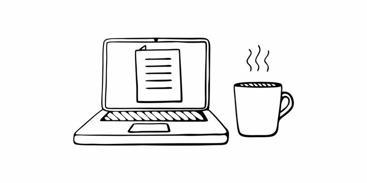 Laptop with document on screen and a steaming mug of coffee in a simple black and white drawing