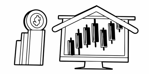 Poster - a stock chart on a monitor with a coin on a rising bar graph next to the screen