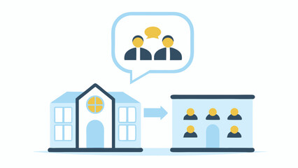 Poster - Building to building transfer with people in speech bubble and in both buildings image vector art