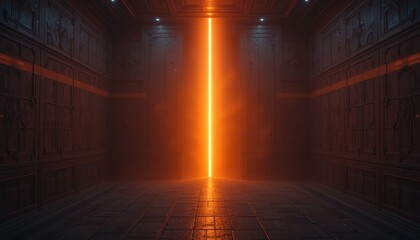 Poster - Mysterious chamber with a bright orange light beam, futuristic concept