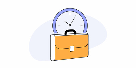 Poster - a briefcase with a clock above it on a light blue and white background design element