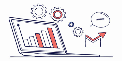Poster - Laptop showing a bar graph with gears and an arrow indicating growth on a white background design