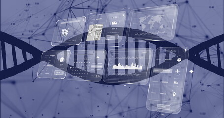 Poster - Displaying translucent UI panels hovering over DNA helix in network, with map views and logistics