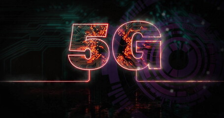 Poster - Displaying glowing 5G symbol in tech hub, with neon lines, circuit traces and radial interface
