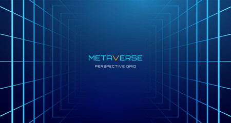 Poster - Background floor line grid with AI and technology. Pattern with abstract square dot in futuristic space. Vector wireframe horizon with perspective mesh.
