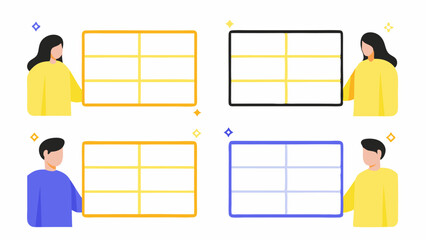 Poster - four people holding different colored rectangular tables with grid lines design element