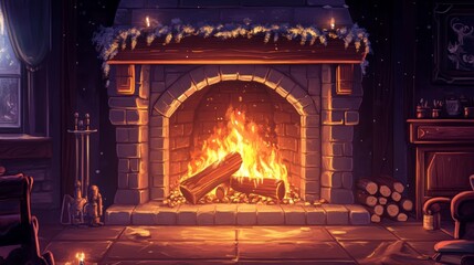 Canvas Print - cozy fireplace with burning logs, winter decorations, and warm light.