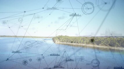 Poster - Faint nodes materializing, drifting and connecting over aerial river, visualizing data network