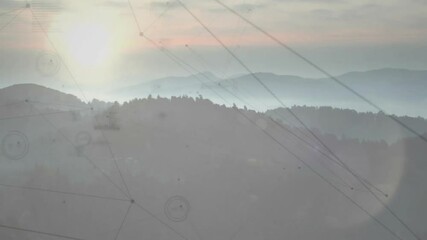 Poster - Horizon glow sparking sun rising over mountain ridges, animating charts with lens flares