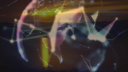 Poster - Sun dipping sparking glowing shapes drifting over sea forming rotating globe visualizing network