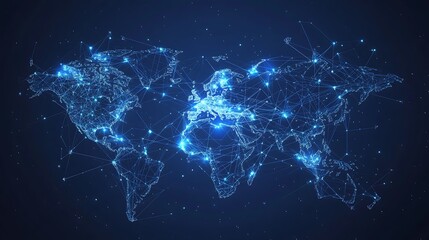 Poster - Digital World Map Network Connected Continents, Glowing Nodes, Global Data System